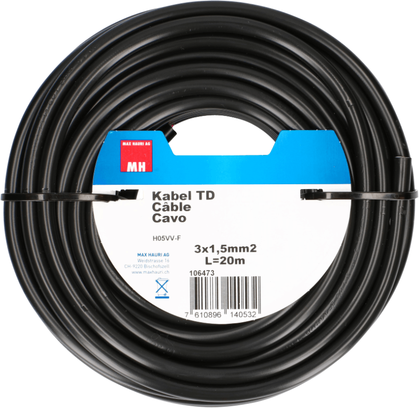 Kabel TD, 20m 3x1.5 mm², schwarz - Elektrozubehör