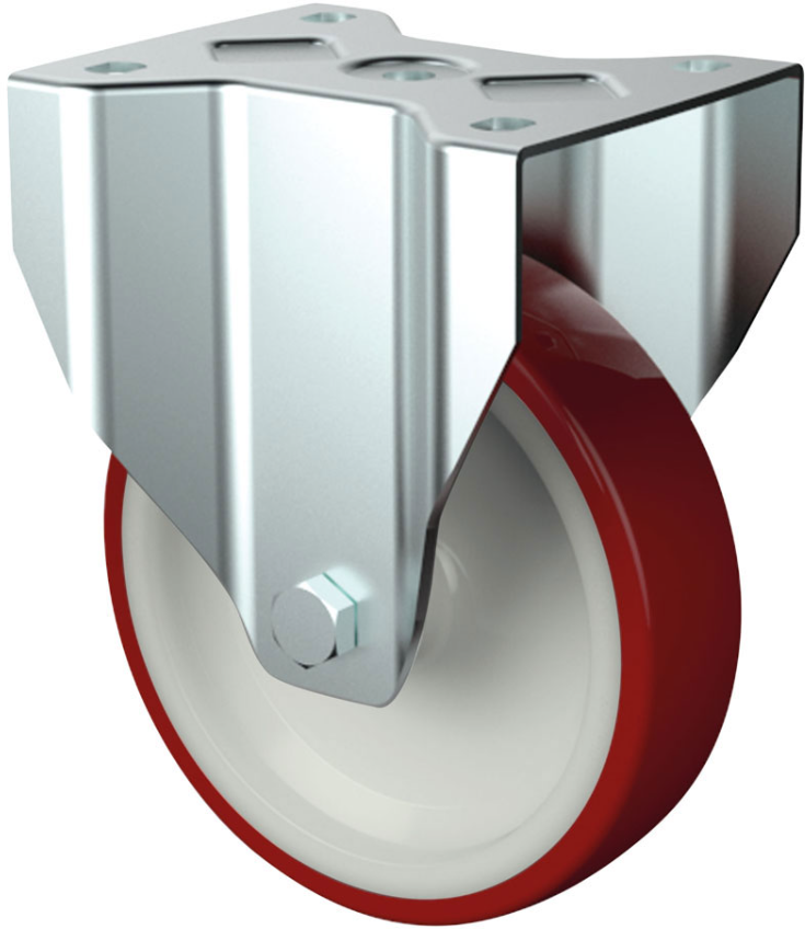 Bockrolle, Polyurethanbereifung, Rad=80mm Tragkraft 100kg, Platte=105x85mm, verzinkt - Transportrollen