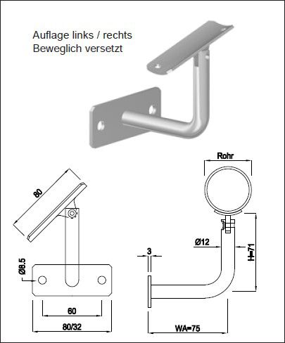 Geschw Wandkonsole eck waag bewegl vers HI. 48.3/ 12 mm rechts geschl. 1.4301 - INOXTECH-Handlauf-/Geländer-System