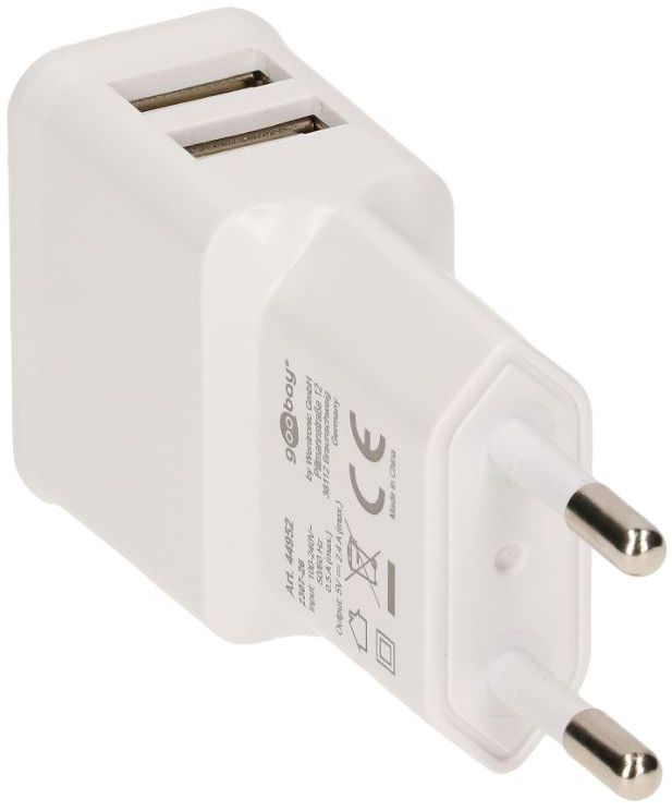 Ladegerät 2xUSB-A 12 W weiss, Spannung: 230V, Stromstärke: 0.5A - Elektrozubehör