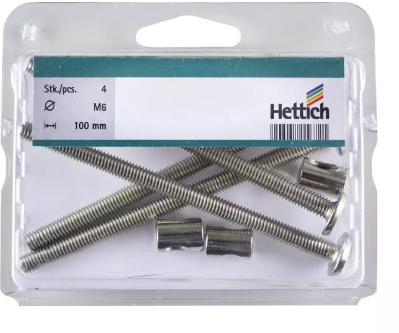 Hettich Verbindungsbeschlag Set verzinkt, M6 x 100mm, mit Kloben, à 4 Stk - Diverse Möbelbeschläge und Zubehör