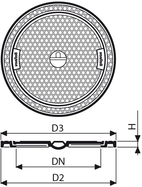 Fig. 2582 060 00 Guss A15 auf Zementrohr, Uni-Griff - Schachtabdeckungen von Roll