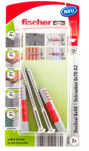 FISCHER DuoSeal abdichtender Dübel S PH TX A2 Ø8x48 mm, ks 12 mm, 557734, Pack à 2 Stk. - Fischer Befestigung