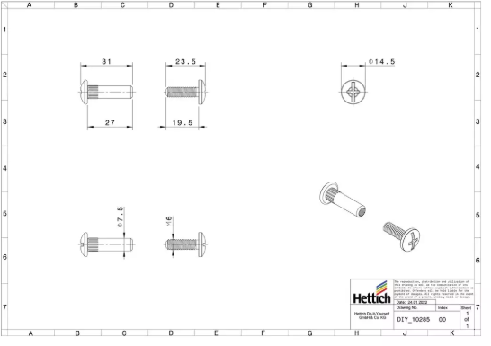 Hettich Verbindungsschraube Set vernickelt, mit Hülse, M6 x 30-42mm, à 4 Stk - Diverse Möbelbeschläge und Zubehör
