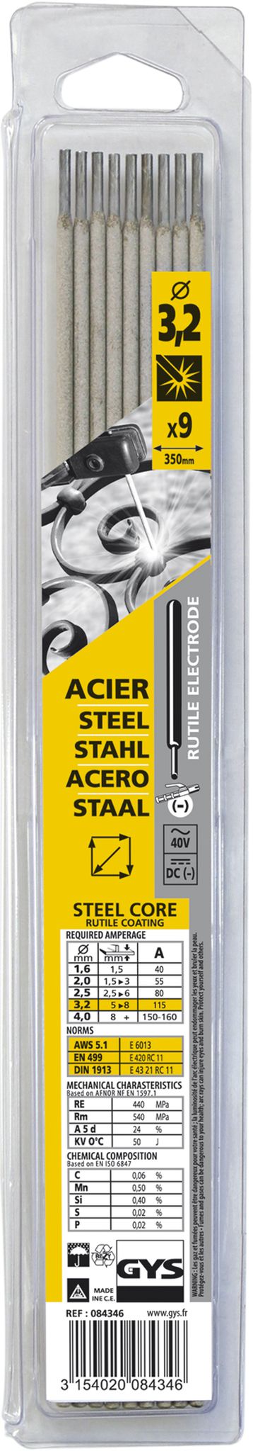 GYS Rutil-Stahl-Elektroden Ø 3,2 mm, Pack à 9 Stk. - Schweissen