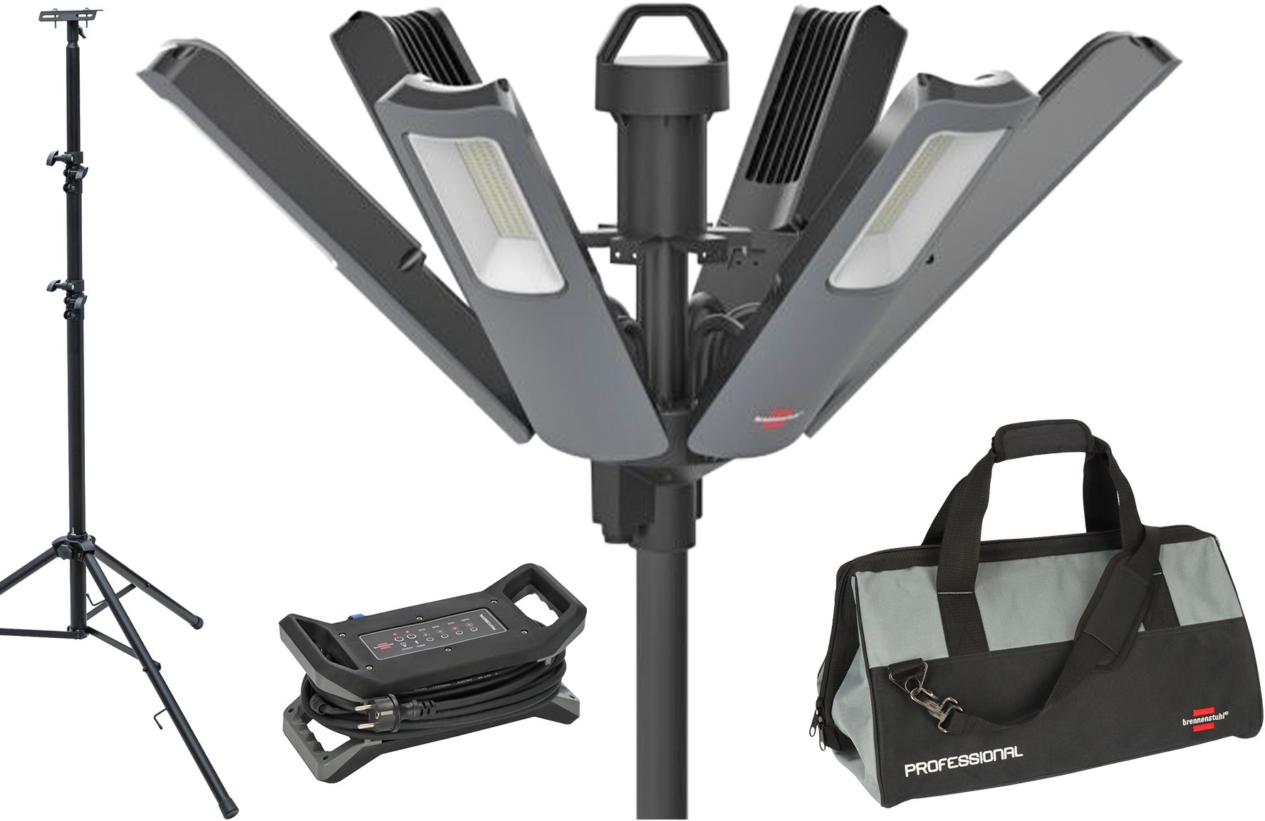 BRENNENSTUHL Set 1 "Rondo" 360° LED-Baustrahler IP65, 185W, 23'500lm, 6500K, 230V, Stativ+Tassche - Elektrozubehör