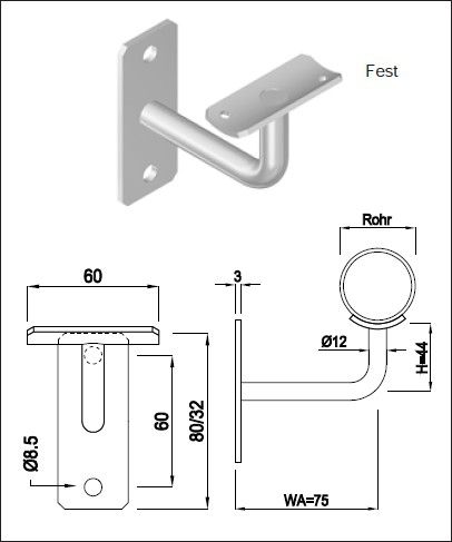 Geschw. Wandkonsole eckig vertikal HI. 33.7 mm Stab 12 mm geschl. 1.4301 - INOXTECH-Handlauf-/Geländer-System
