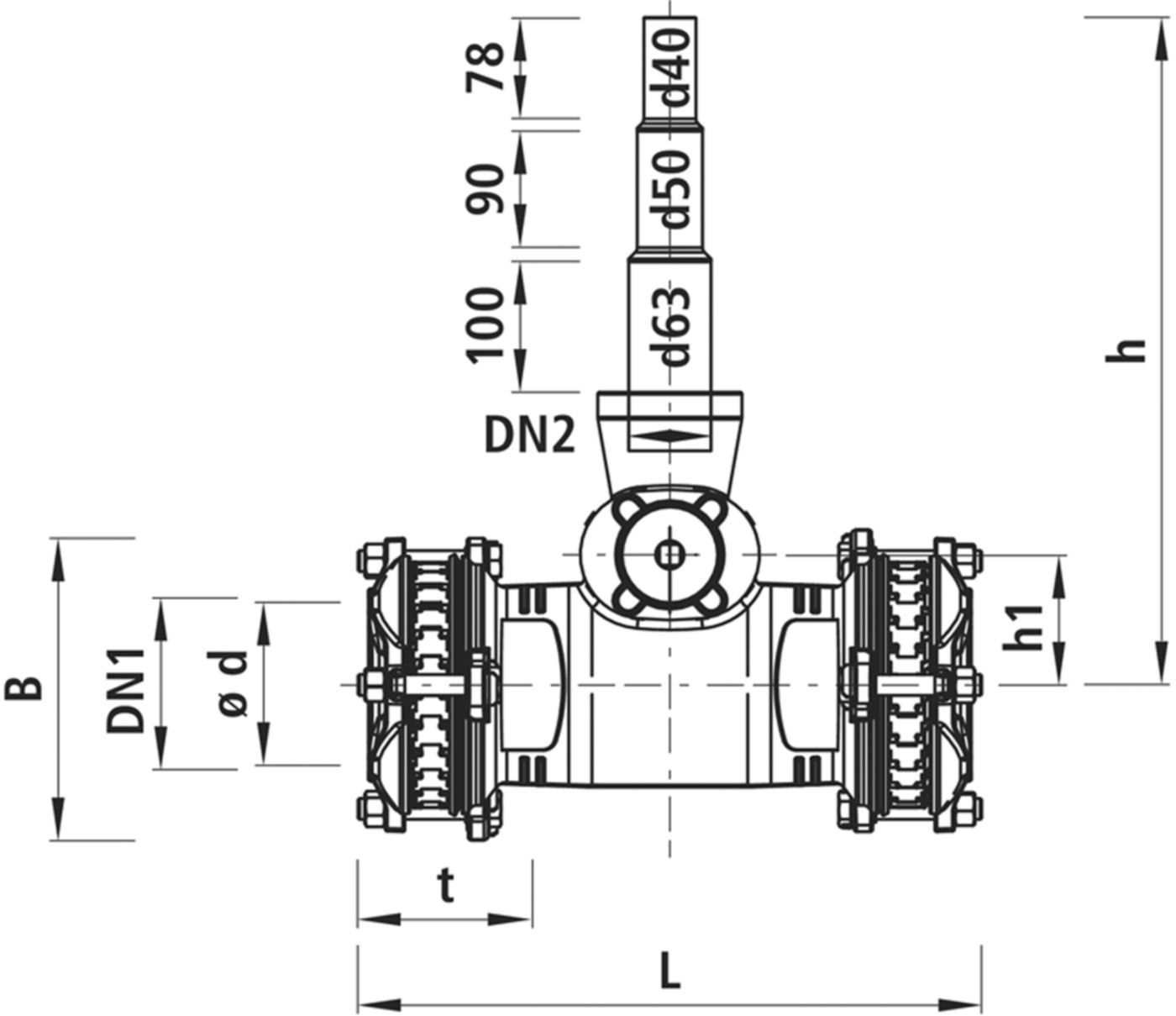 Combi-T Synoflex 4364 DN 200 Abgang Univ. PE-Ende d40/50/63mm - Hawle Synoflex