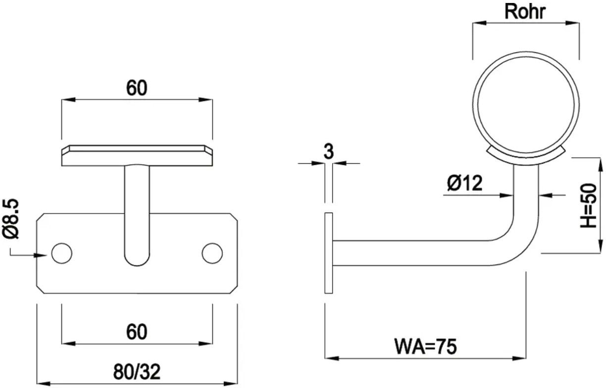 Geschw. Wandkonsole eckig waagrecht HI. 33.7/ 12 mm geschliffen 1.4301 - INOXTECH-Handlauf-/Geländer-System