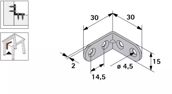 Hettich Stuhlwinkel verzinkt, 15 x 30 x 30mm, Stärke 1.5mm - Diverse Möbelbeschläge und Zubehör