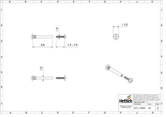 Hettich Verbindungsschraube Set vernickelt, mit Hülse, M4 x 36-46mm, à 10 Stk - Diverse Möbelbeschläge und Zubehör