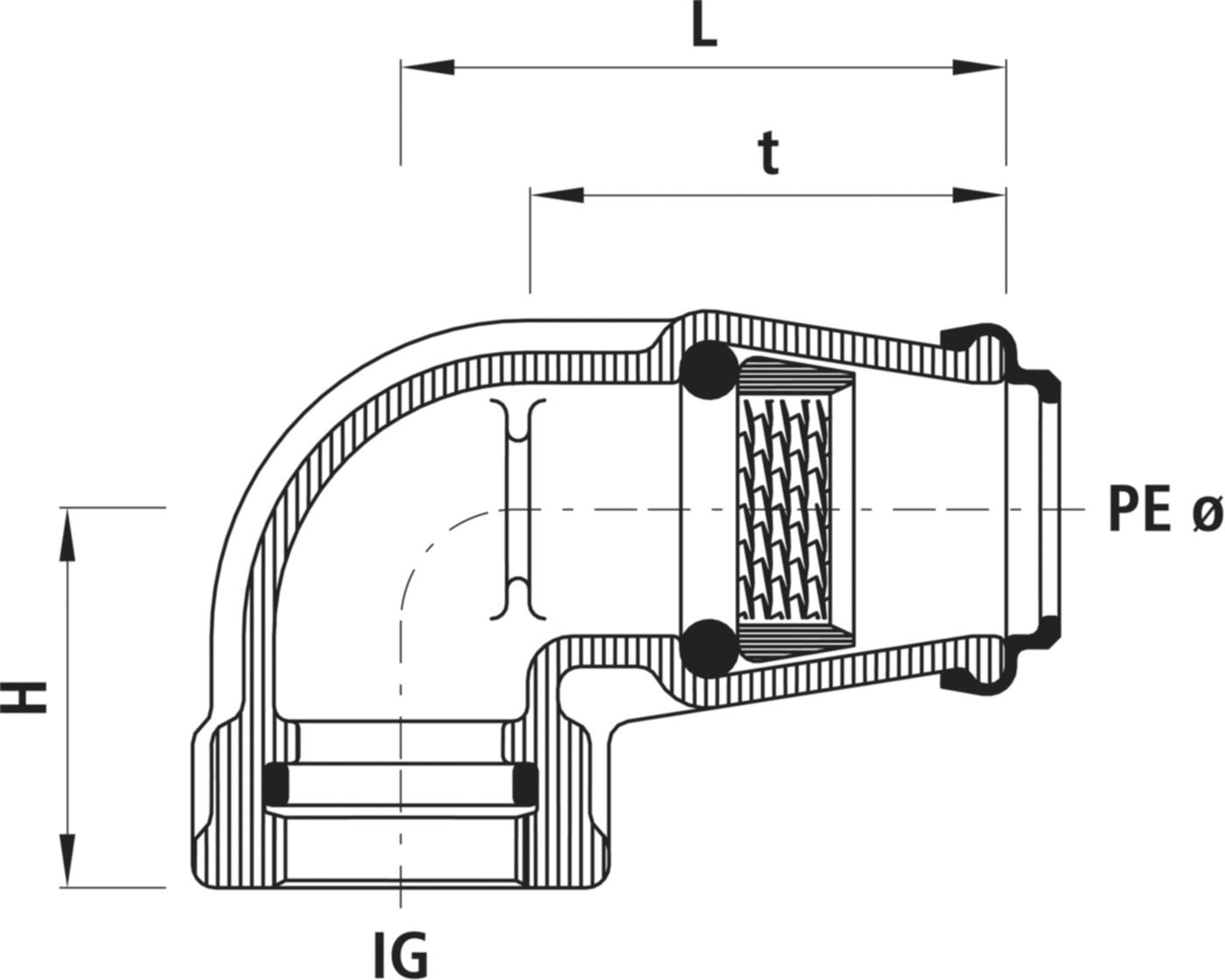 Winkel-Steckfitting 90° mit IG 6410 d 32mm - 1" - Hawle Steckfittinge