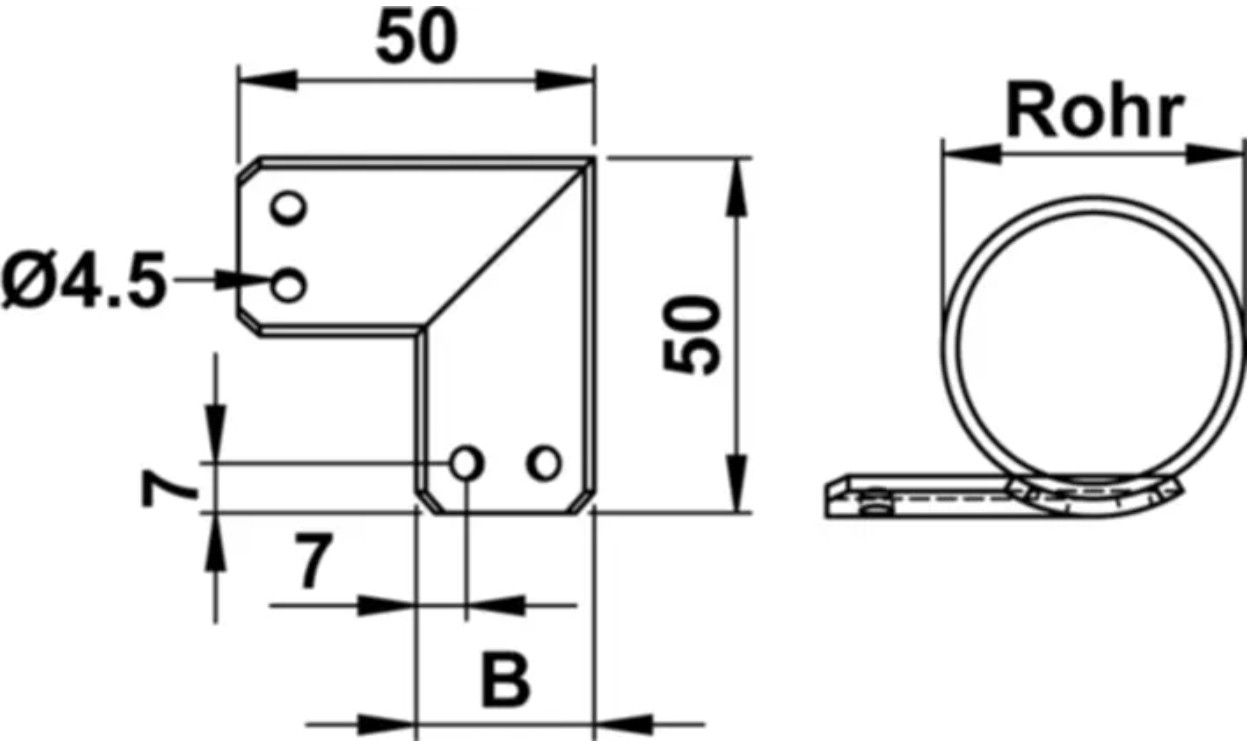 Eck-Auflageblech schmale Ausführung L L Ø42.4  mm L= 50/50mm , S235JR - INOXTECH-Handlauf-/Geländer-System