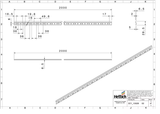 Hettich Schrankaufhängung Schiene verzinkt, Traglast 150kg, 2000mm - Diverse Möbelbeschläge und Zubehör