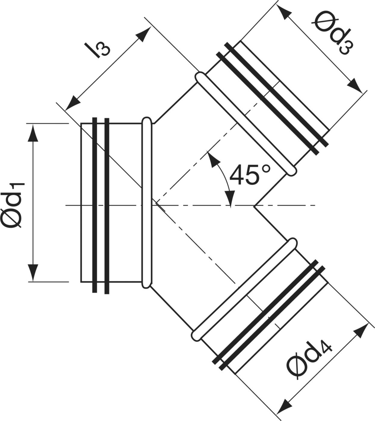 Hosenrohr 45° 180/180/180mm YVU45-V - Spiralfalzrohre und Zubehör System Safe