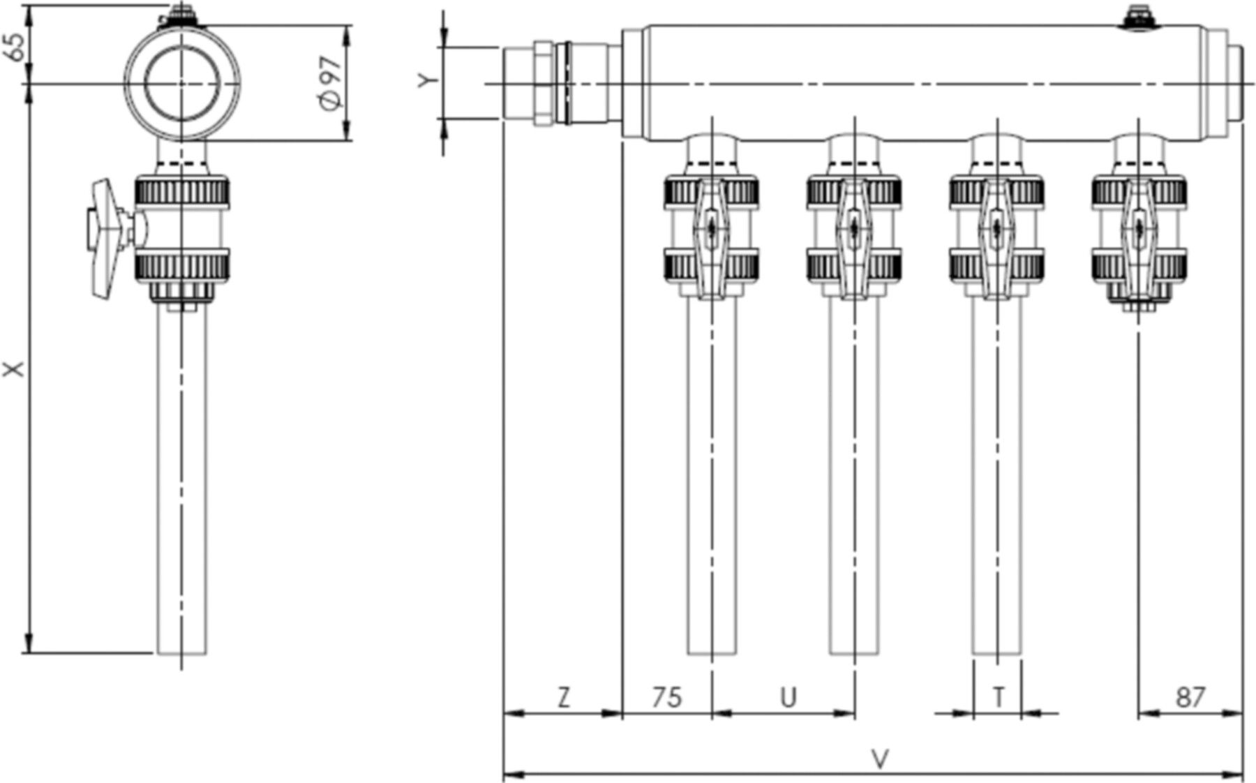 PE-Verteiler SAVE 97 m/Kugelhahnen DN 40 R 2" 5 Anschl. m/F+E 067.4015a - Haka-Erdwärmetechnik