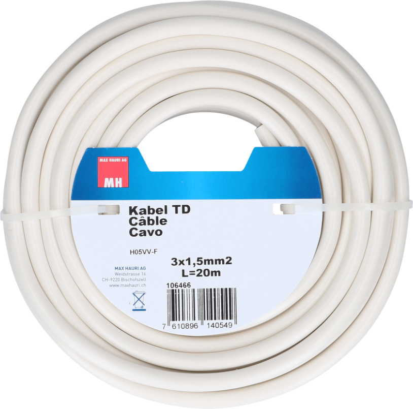 Kabel TD, 20m 3x1.5 mm², weiss - Elektrozubehör