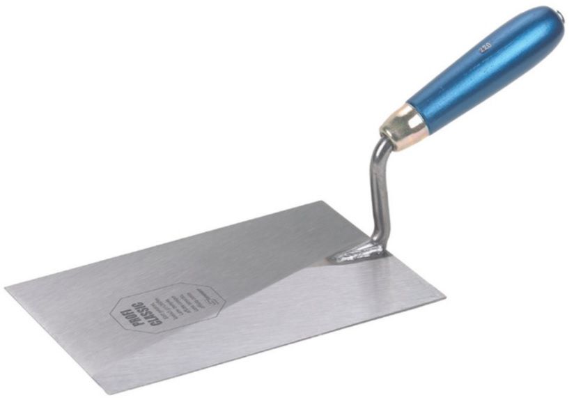 Gipserkelle, Blatt gehärtet L= 220mm, mit blauem Holzheft - Bauwerkzeuge