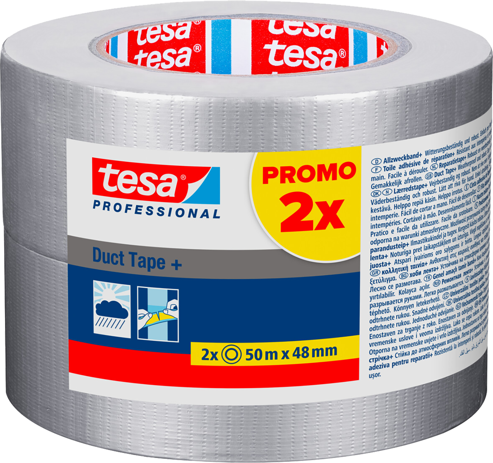 TESA Gewebeband Duct Tape + 2er Prompack, silber B=48mm, L=50m, 4619Pro - Kleben