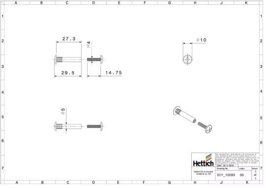 Hettich Verbindungsschraube Set vernickelt, mit Hülse, M4 x 28-38mm, à 10 Stk - Diverse Möbelbeschläge und Zubehör