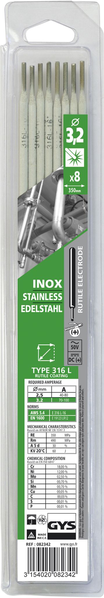 GYS Edelstahl-Elektroden 316 L, Inhalt 8 Stk. Ø 3,2 mm, in Blister - Schweissen