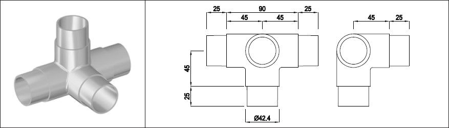 T-Stück mit seitlichem Anschluss 42.4 mm geschliffen 126575 - INOXTECH-Handlauf-/Geländer-System