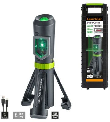 LASERLINER SuperCross-Laser Pocket Plus Kreuzlinienlaser, mit Akku, USB-C, Stativ, Koffer - Kontrollieren