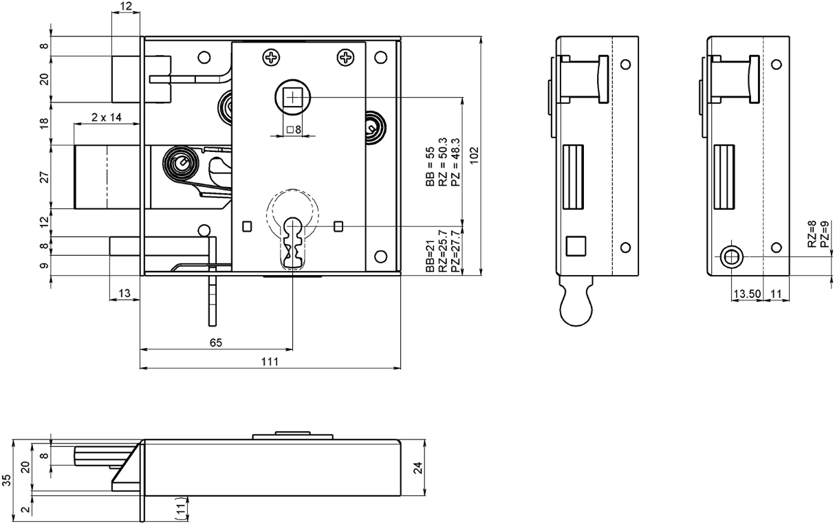 SCHÄNIS Zimmertürschloss 2005 RZ 65, DIN rechts CF, verzinkt - Türschlösser und Zubehör