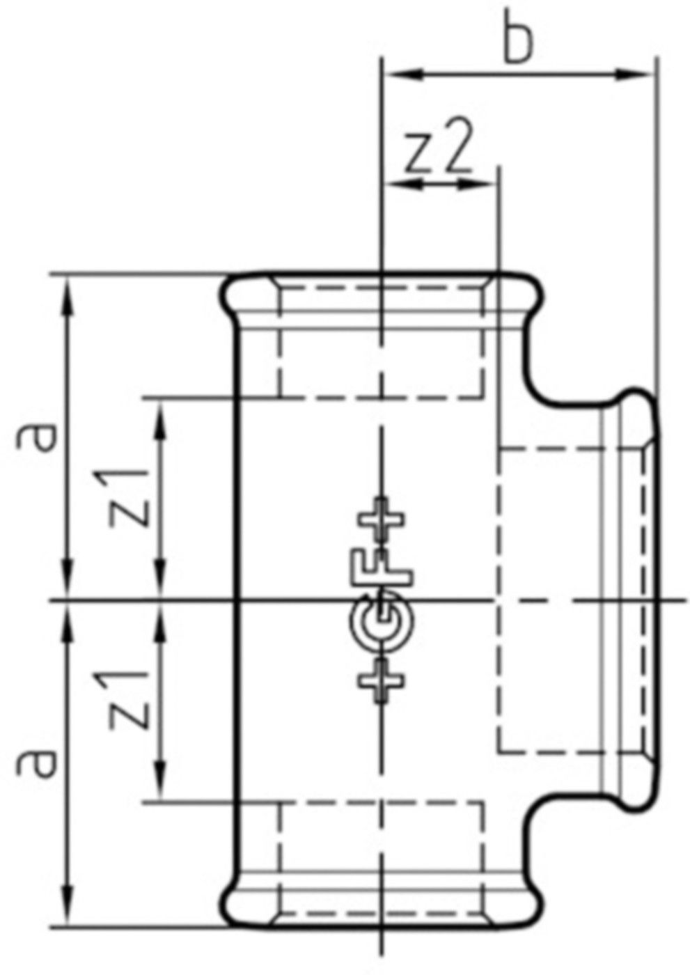 T-Stück red. 130 S 1/2"- 1"- 1/2" 770 130 130 - GF schw. Tempergussfittings