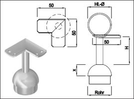 Steckkonsole fest mit runder Rohrkappe Pfos 42.4mm,EA48.3mm,TH80mm,geschl. - INOXTECH-Handlauf-/Geländer-System