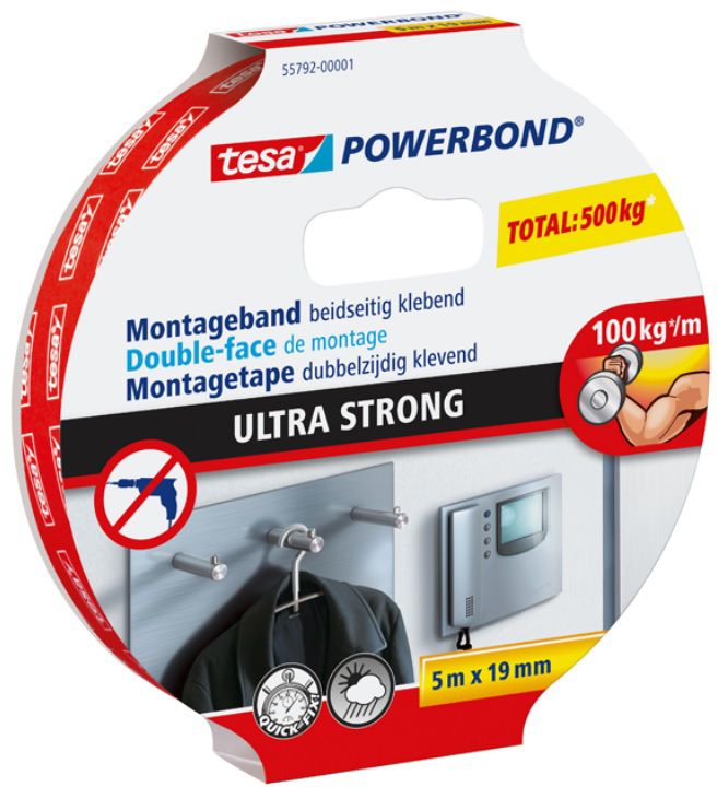 TESA Montageband, doppelseitig, ULTRA STRONG B=19mm, L=5m, extra stark, Tragkraft 100 kg/m - Kleben