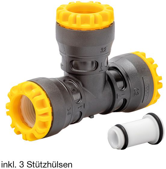 T-Stück 90° G-Plass egal d 40mm  1504 mit 3 Stützhülsen - Plasson-Steckfittinge