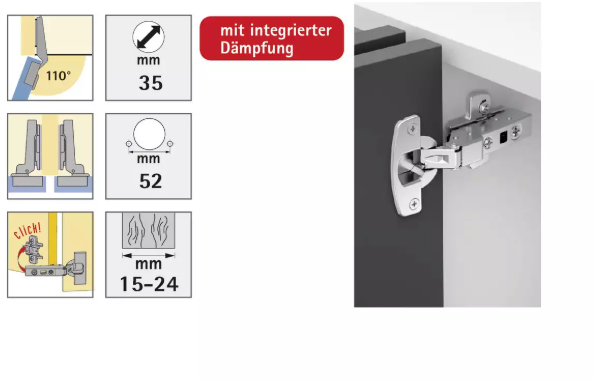 Hettich Topfscharnier Sensys Mitteliegend, vernickelt, Bohrloch-Ø 35 mm, à 2 St - Diverse Möbelbeschläge und Zubehör