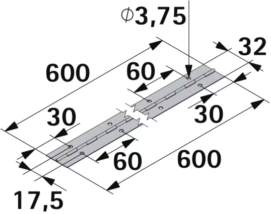 Hettich Stangenscharnier vermessingt, 32 x 600 x 0.6mm - Diverse Möbelbeschläge und Zubehör