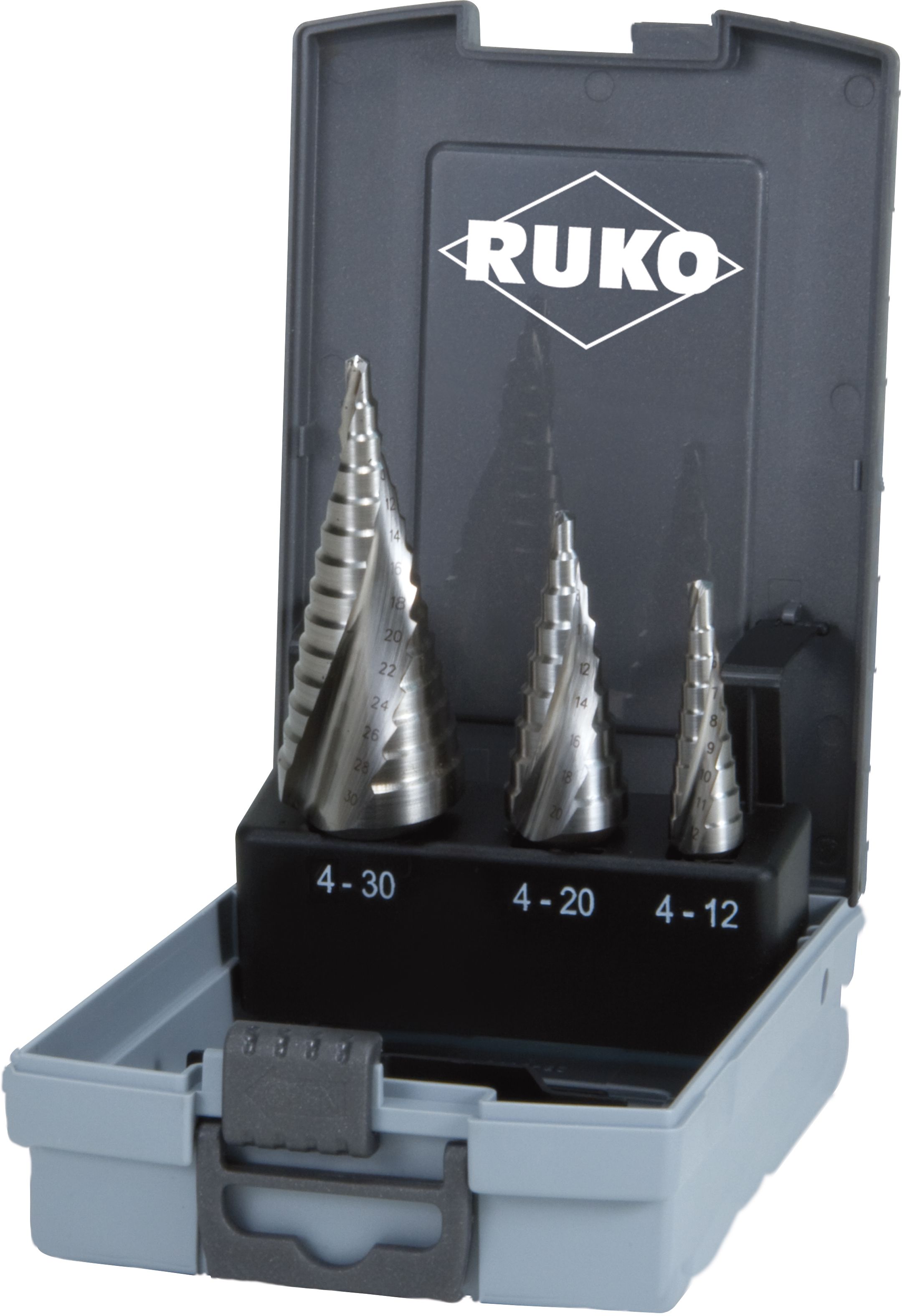 Ruko Stufenbohrer-Satz, 3-tlg. Ø 4-30, 4-20, 4-12mm, HSS, ABS-Box - Bohren