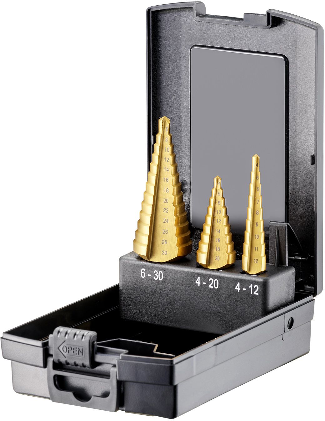 FORTEC Stufenbohrer Satz, 3-tlg. Ø4-12/4-20/6-30mm, HSS-G-TiN - Bohren