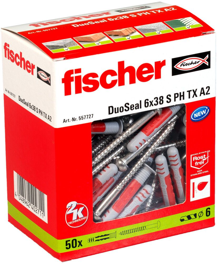FISCHER DuoSeal abdichtender Dübel S PH TX A2 Ø6 x38mm , ks 12 mm , 557727 - Fischer Befestigung