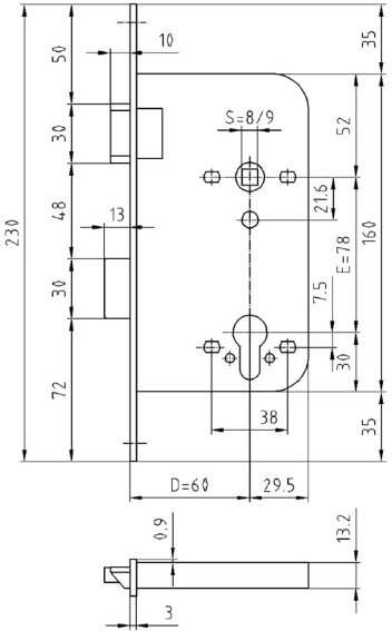 GLUTZ Einsteckschloss 1106, RZ-W 78mm 230/18/3mm, DIN rechts , DM 80mm - Türöffner, Türschliesser, Türfeststeller
