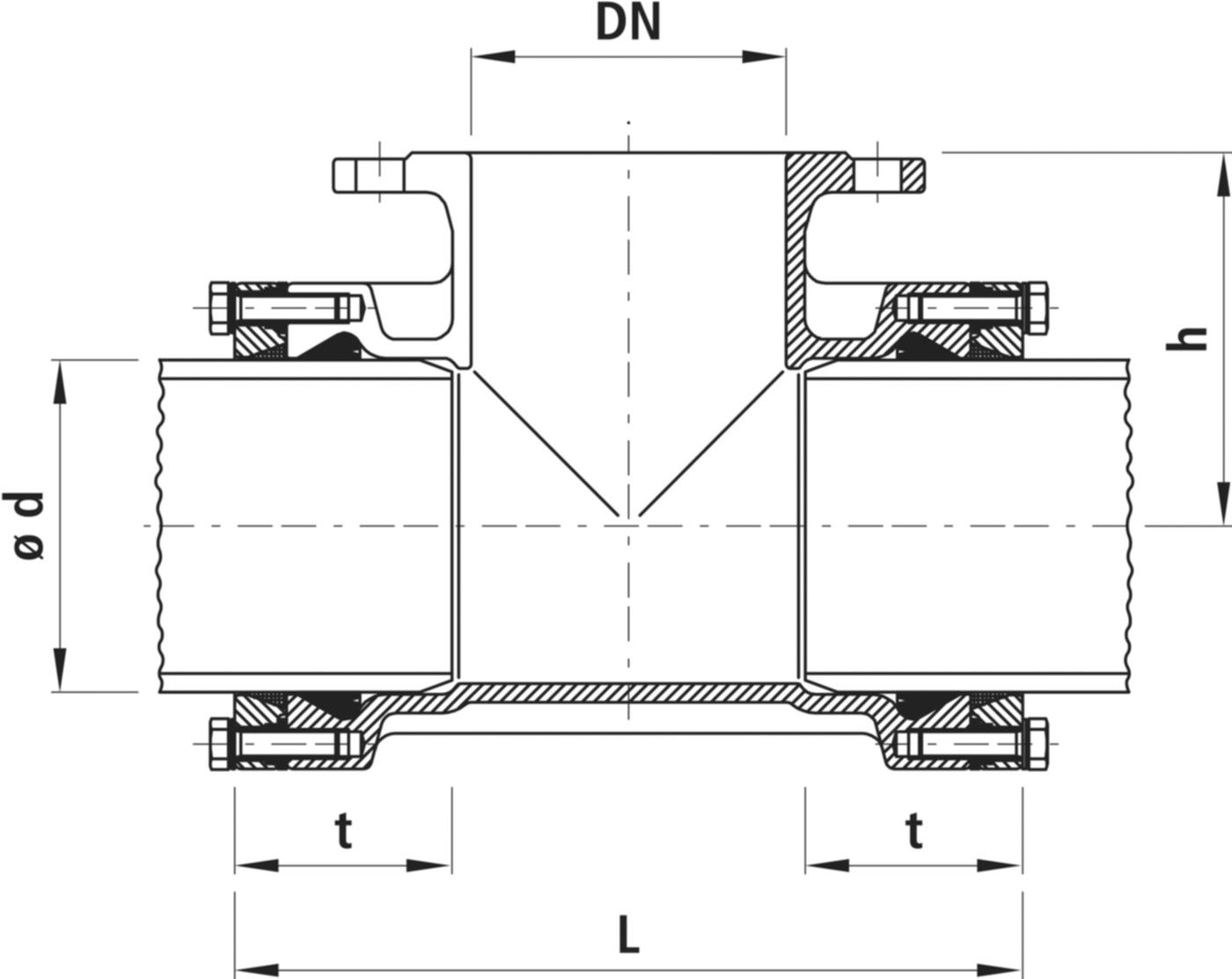 T-Stück mit Flansch-Abgang PN 16 7280 d 160mm / DN 80 - Hawle System 2000