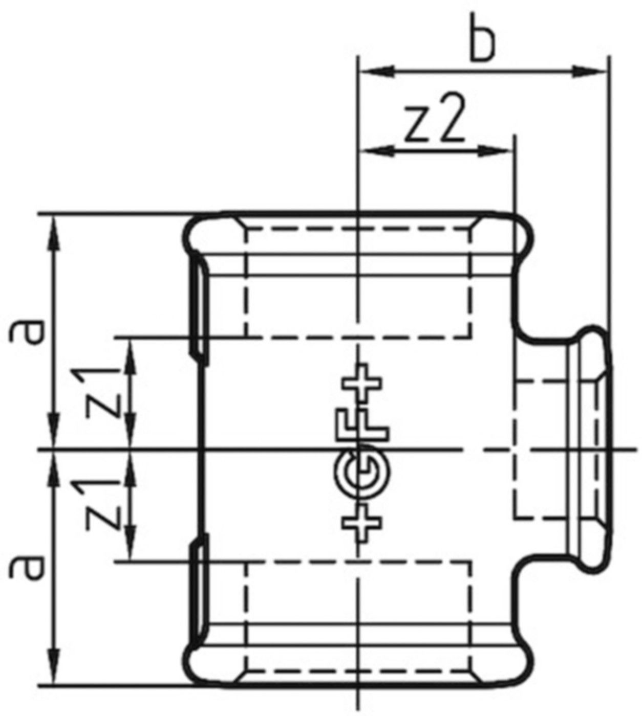 T-Stück red. 130 S 1/2"- 1"- 1/2" 770 130 130 - GF schw. Tempergussfittings
