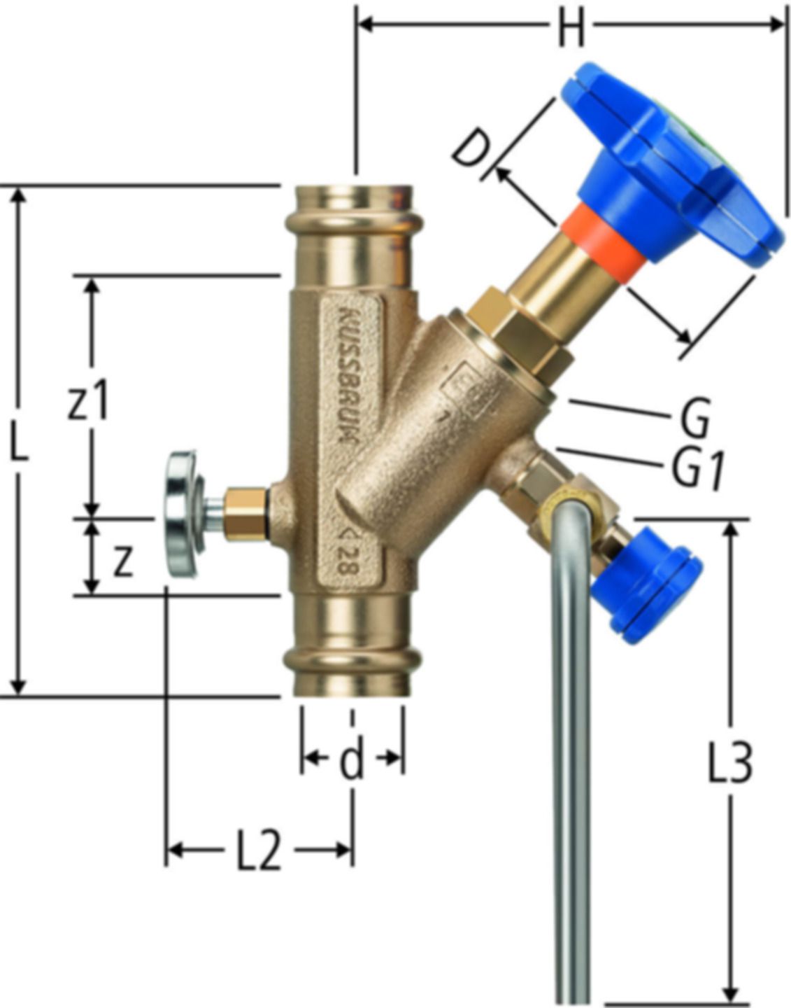 Schrägsitzventil 42mm 81175.27 mit Probenahmeventil und Thermometer - Nussbaum-Optipress-Rotguss-Fittings