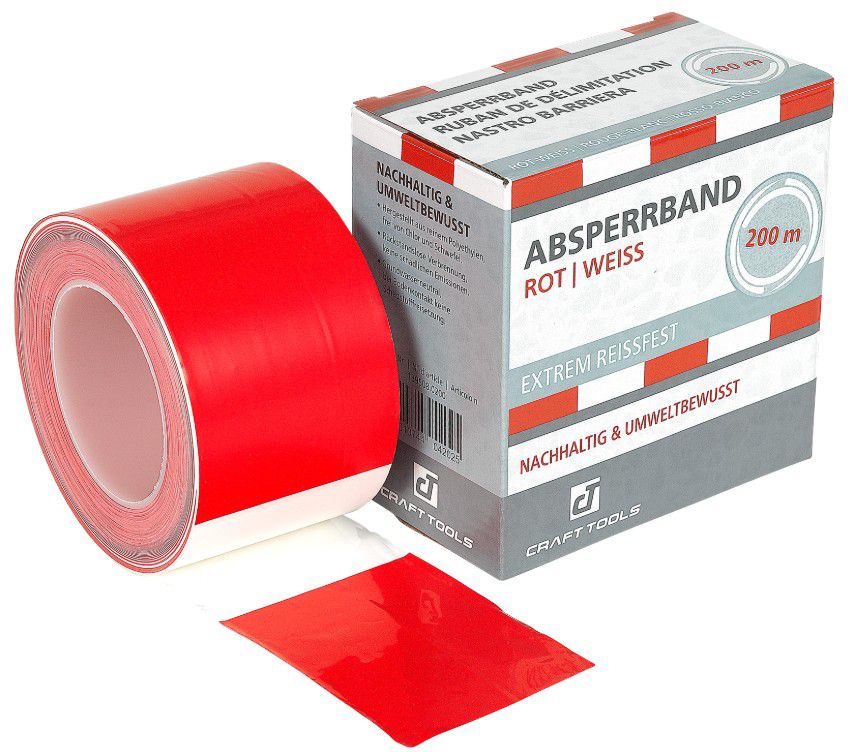 Absperrband, im Karton L= 200m, B= 80mm, rot/weiss, PE nachhaltig - Bauwerkzeuge