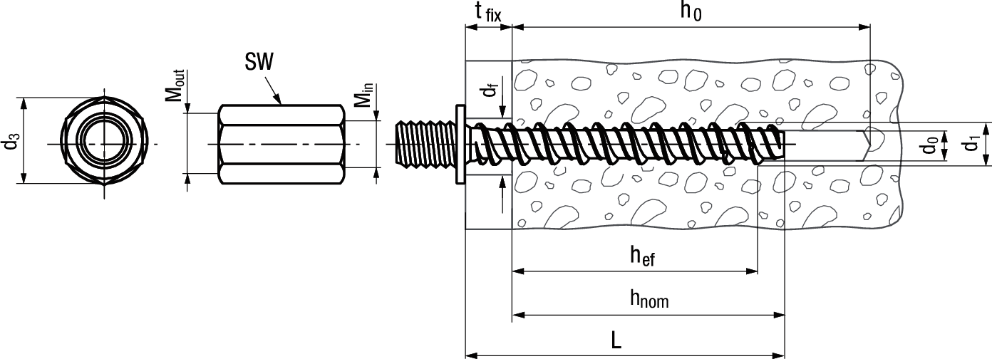 TECFI Betonschraube mit Innengewinde HXE07 Ø5/6x37/M6 HXE070606037 - Bossard Schrauben