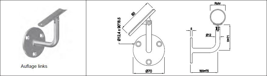 Wandkonsole Auflager beweglich versetzt 33.7 mm links geschliffen 1.4301 - INOXTECH-Handlauf-/Geländer-System
