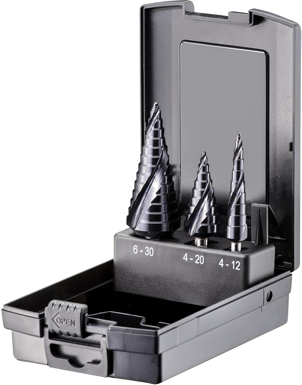 FORTEC Stufenbohrer Satz, 3-tlg. Ø4-12 / 4-20 / 6-30mm, HSS-G, mit Kreuzanschliff - Bohren