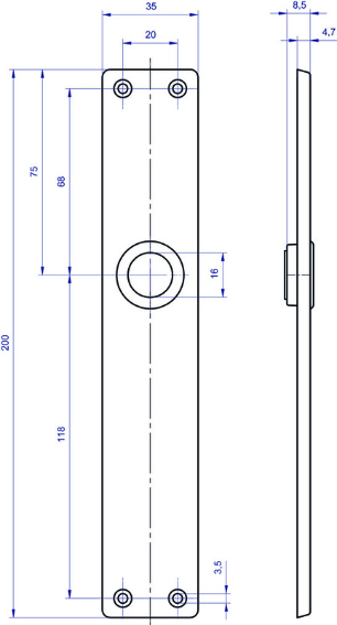 MEGA Langschilder 35.440, RZ 78mm 200/35/4mm, 16mm, Zink matt vernickelt - Tür- und Sichtbeschläge
