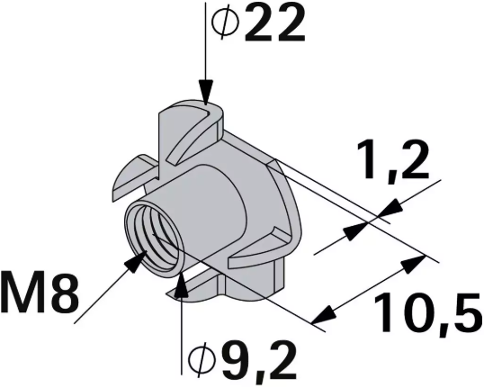 Hettich Einschlag-Mutter verzinkt, Bohrloch D = 10mm, IG M8, à 8 Stk - Diverse Möbelbeschläge und Zubehör