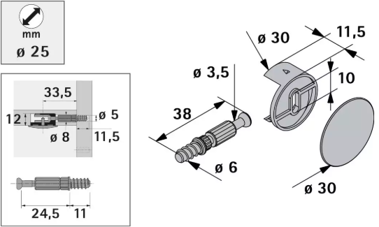 Hettich Verbindungsbeschlag Rastex 25 Stahl, verzinkt, 24.5mm, mit Abd., à 8 Stk - Diverse Möbelbeschläge und Zubehör