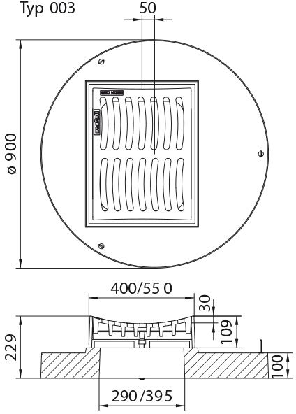 Fig. 2937 003 10 Guss D400 WIENERLI PISO, gwölbt 30mm, m.Betons. - Einlaufroste von Roll
