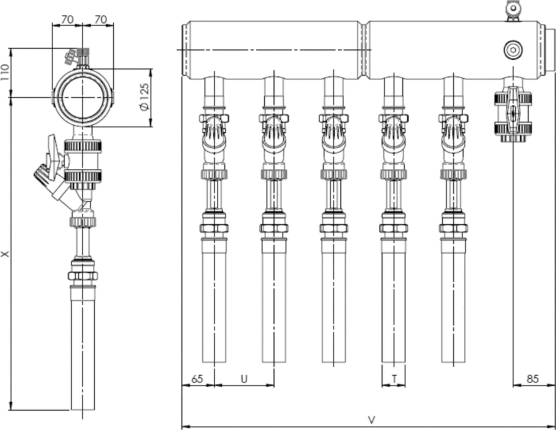 PE-Verteiler SAVE125 m/Abgleichv. Hyline DN 40 4 Anschl. m/Füll+Entl. 068.40304 - Haka-Erdwärmetechnik